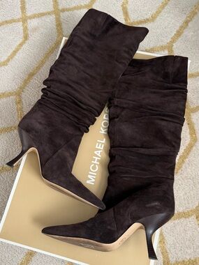 Michael Kors Dark Brown Suede Slouchy Pointed-Toe Heeled Boots sz 10